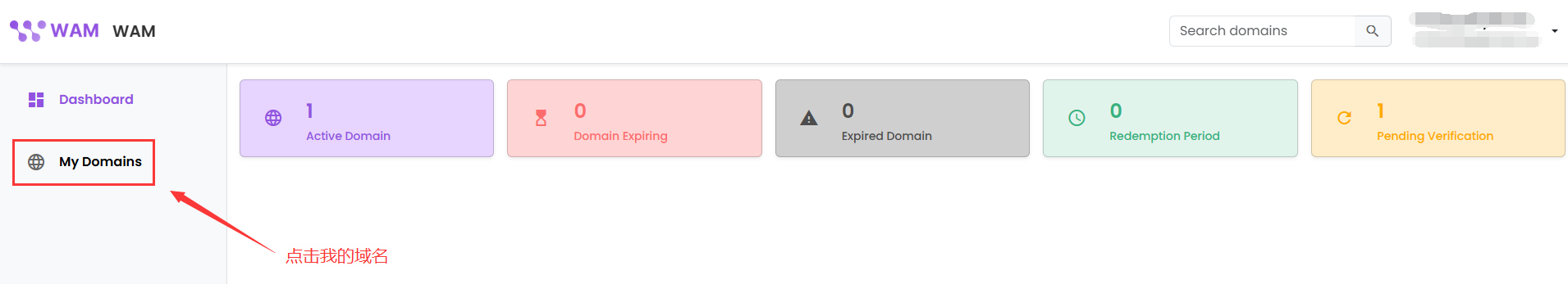 登录域名管理面板后点击 My Domains